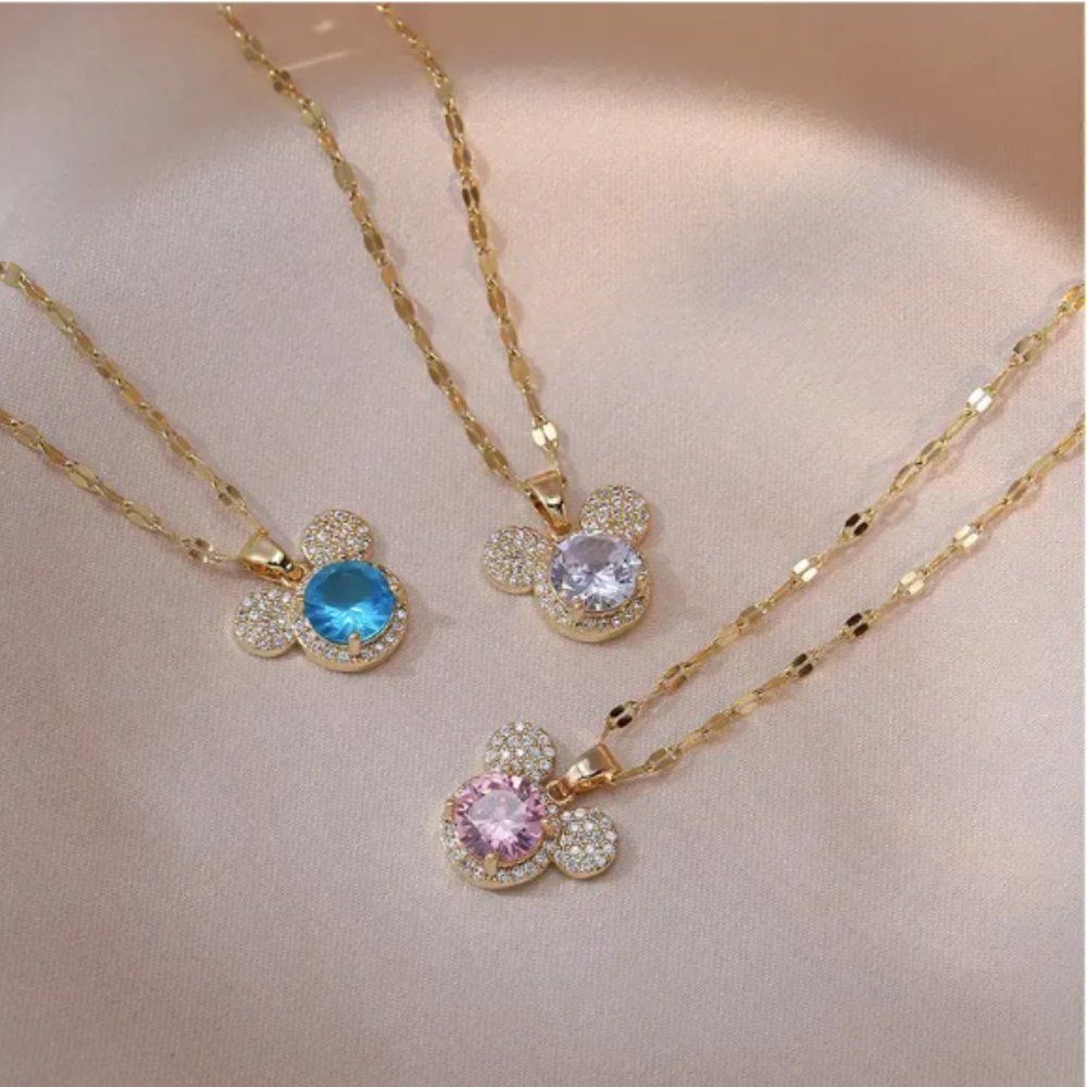 🔅🆕🔅 Mini Mouse 14K Blue Pink Clear Sparkling Zirconia Pendant GOLD Necklace✨